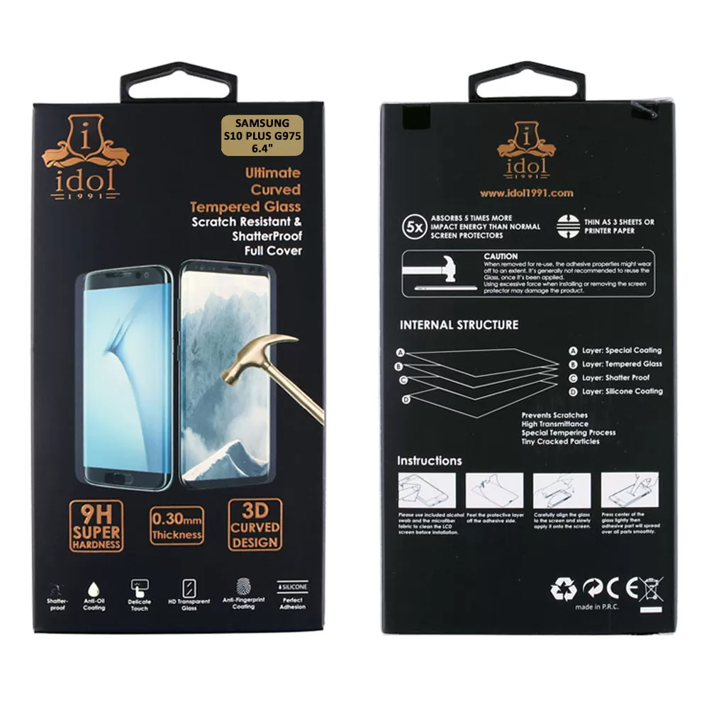 IDOL 1991 GLAMOUR TEMPERED GLASS SAMSUNG S10 PLUS G975 6.4in 9H 0.30mm FULL COVER 3D EDGE FINGER UNLOCK BLACK - Image 2