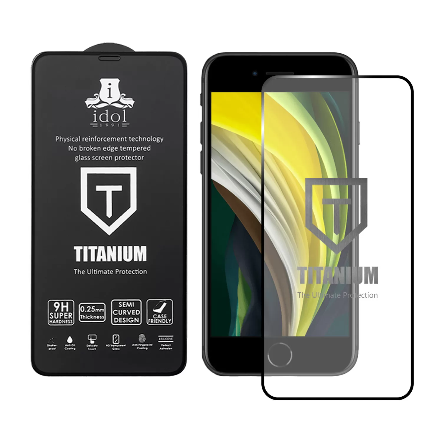 IDOL 1991 TITANIUM TEMPERED GLASS IPHONE SE 2020/IPHONE 8/7 4.7in 9H 0.25mm  SEMI CURVED FULL GLUE BLACK - Image 2