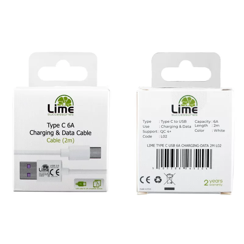 LIME TYPE C USB 6.0A ΦΟΡΤΙΣΗΣ-DATA 2m L02 WHITE - Image 3