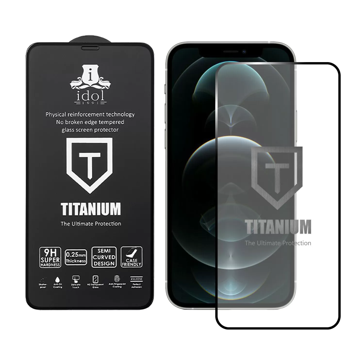 IDOL 1991 TITANIUM TEMPERED GLASS IPHONE 12 PRO / IPHONE 12 6.1in 9H 0.25mm  SEMI CURVED FULL GLUE BLACK - Image 2