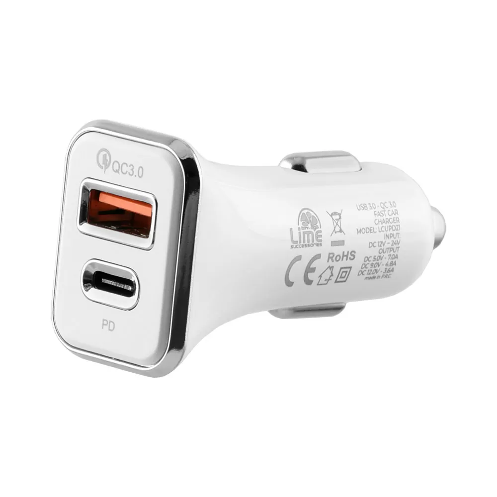 LIME DUAL ΦΟΡΤΙΣΤΗΣ ΑΥΤΟΚΙΝΗΤΟΥ USB 3.0/PD TYPE C FAST CAR CHARGER QC 3.0 LCUPD21 40W 5V-7A/9V-4.8A/12V-3.6A WHITE - Image 2