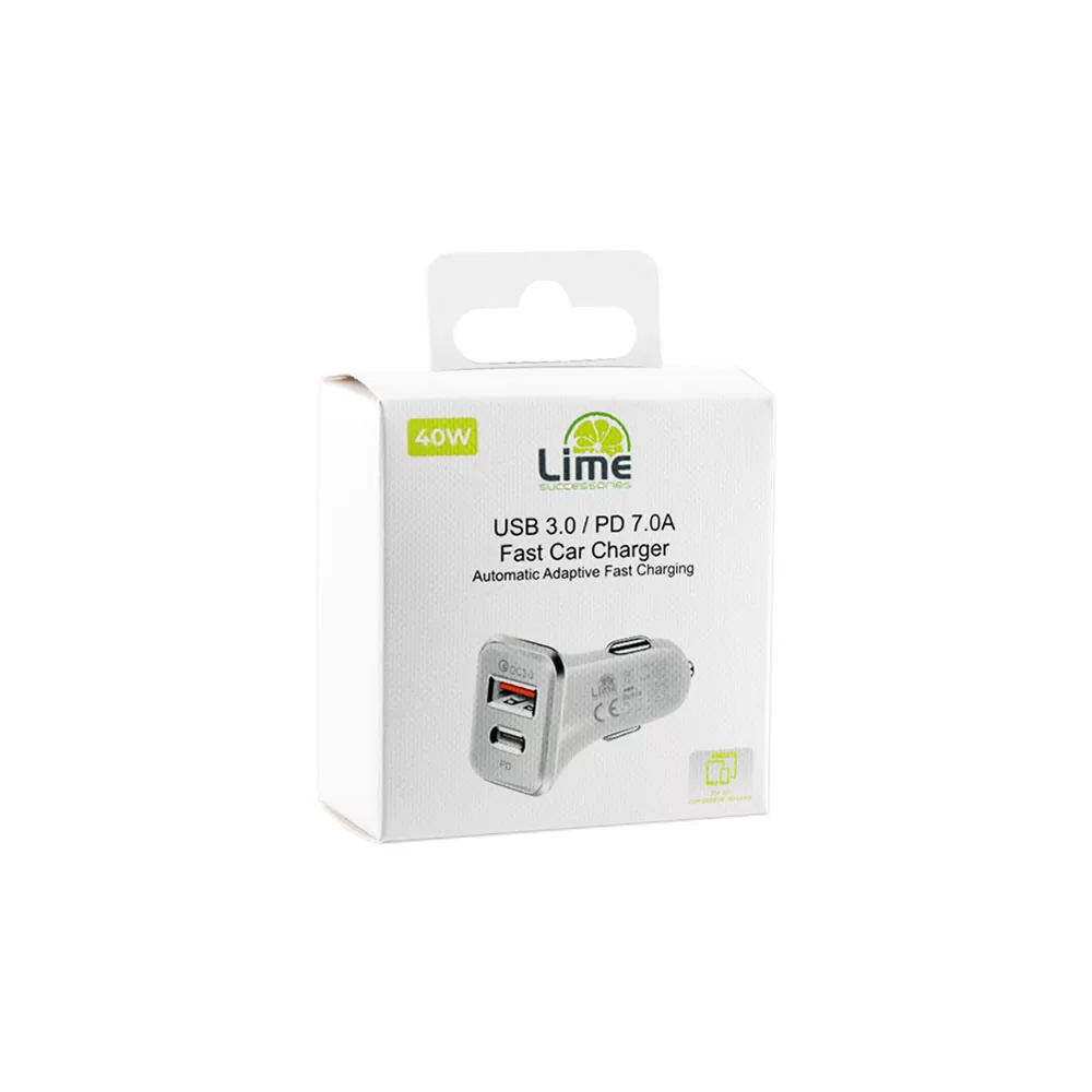 LIME DUAL ΦΟΡΤΙΣΤΗΣ ΑΥΤΟΚΙΝΗΤΟΥ USB 3.0/PD TYPE C FAST CAR CHARGER QC 3.0 LCUPD21 40W 5V-7A/9V-4.8A/12V-3.6A WHITE - Image 4