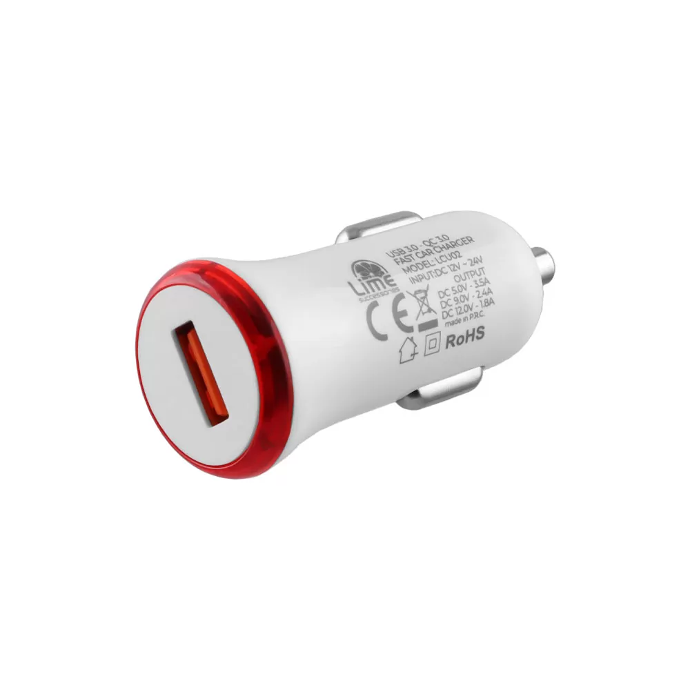 LIME ΦΟΡΤΙΣΤΗΣ ΑΥΤΟΚΙΝΗΤΟΥ USB 3.0 FAST CAR CHARGER QC 3.0 LCU02 20W 5V-3.5A/9V-2.4A/12V-1.8A WHITE - Image 2