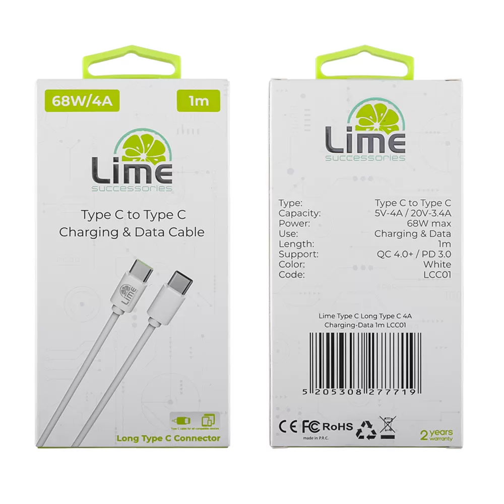 LIME USB-C TYPE C TO USB-C TYPE C LONG 4.0A ΦΟΡΤΙΣΗΣ-DATA 1m LCC01 68W WHITE - Image 4