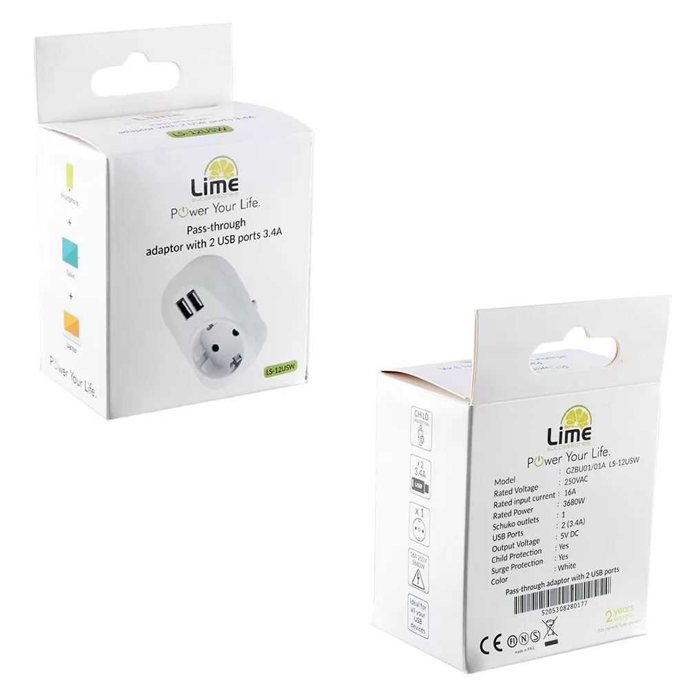 LIME ΑΝΤΑΠΤΟΡΑΣ ΣΟΥΚΟ LS-12USW 16A ΜΕ 2 USB ΘΥΡΕΣ 3.4A ΜΕ ΠΑΙΔΙΚΗ ΠΡΟΣΤΑΣΙΑ/ΓΕΙΩΣΗ ΚΑΙ ΥΠΕΡΤΑΣΗΣ ΣΤΙΣ 2 ΘΥΡΕΣ USB ΑΣΠΡΟ - Image 6