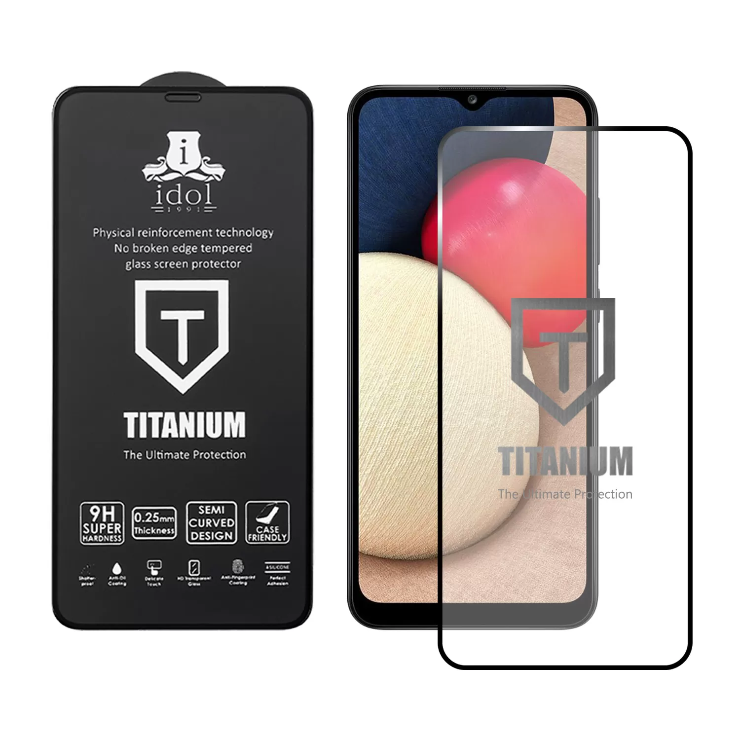 IDOL 1991 TITANIUM TEMPERED GLASS SAMSUNG A02s A025 6.5in 9H 0.25mm SEMI CURVED FULL GLUE BLACK - Image 2