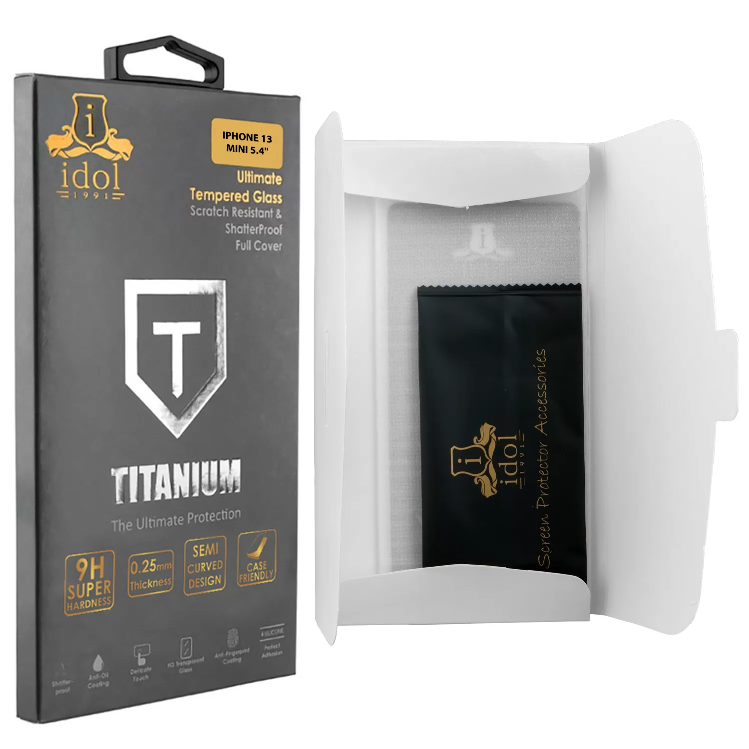 IDOL 1991 TITANIUM TEMPERED GLASS IPHONE 13 MINI 5.4in 9H 0.25mm  SEMI CURVED FULL GLUE BLACK - Image 3