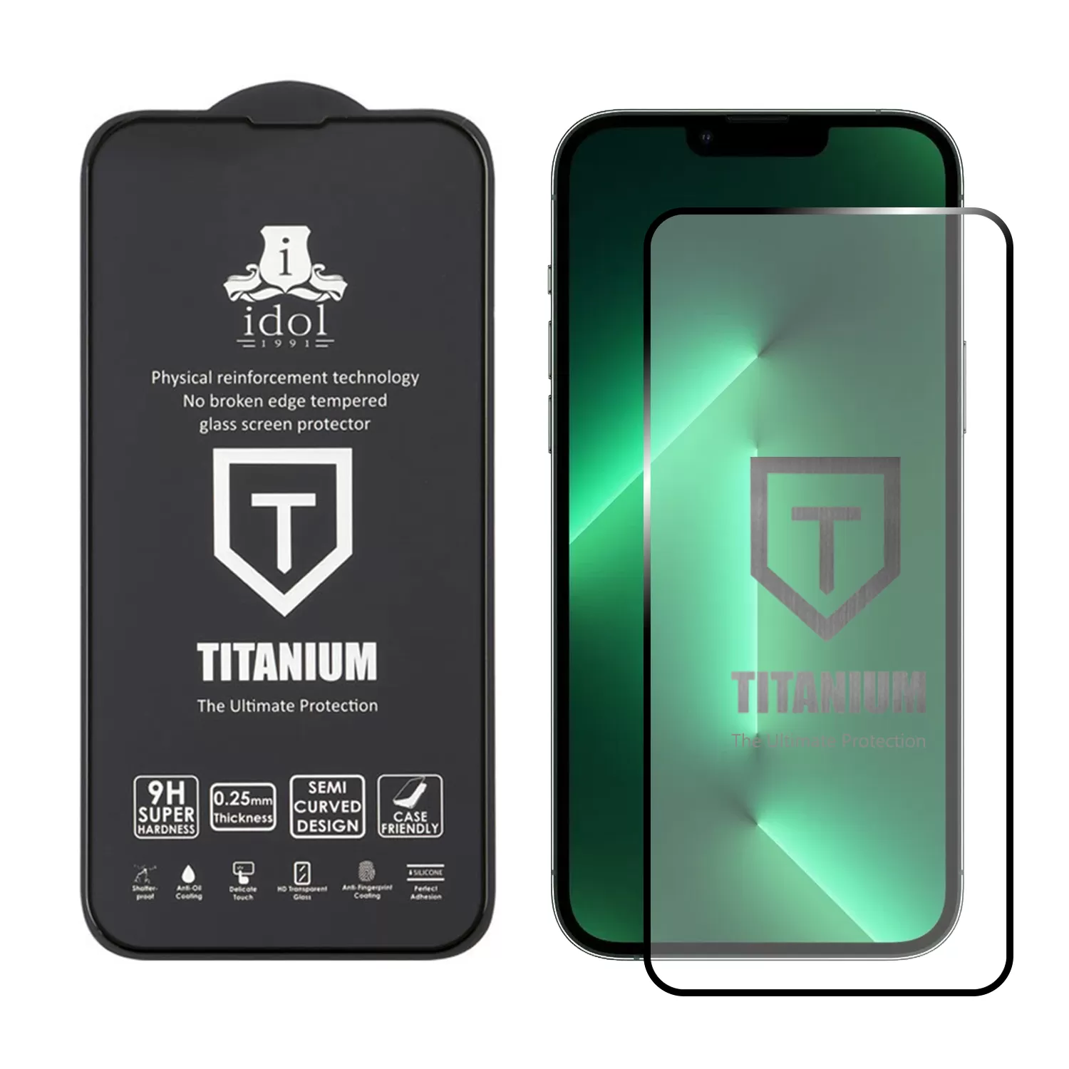 IDOL 1991 TITANIUM TEMPERED GLASS IPHONE 13 PRO MAX 6.7in 9H 0.25mm SEMI CURVED FULL GLUE BLACK - Image 2