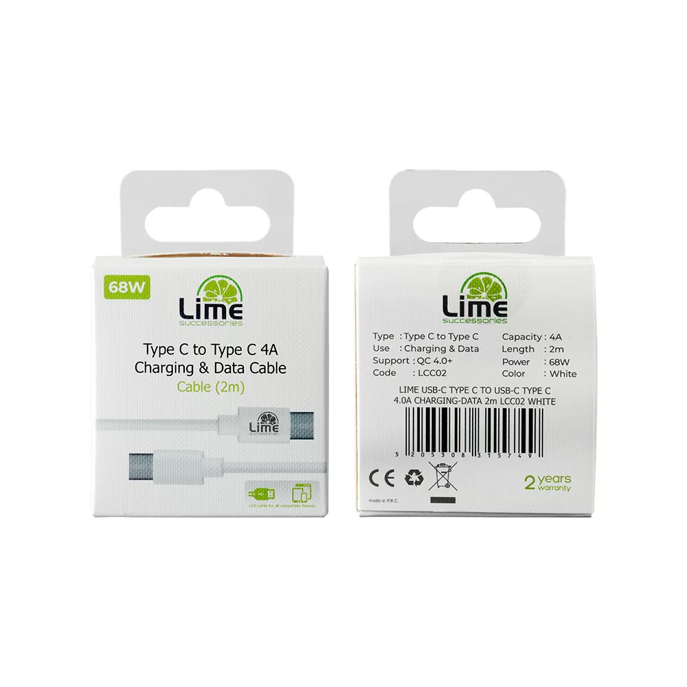 LIME USB-C TYPE C TO USB-C TYPE C 4.0A ΦΟΡΤΙΣΗΣ-DATA 2m LCC02 68W WHITE - Image 4