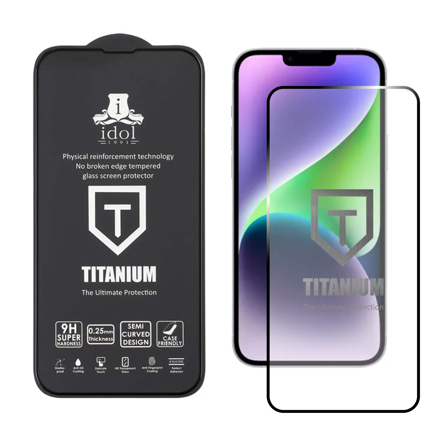 IDOL 1991 TITANIUM TEMPERED GLASS IPHONE 14 PLUS 6.7in 9H 0.25mm SEMI CURVED FULL GLUE BLACK - Image 2