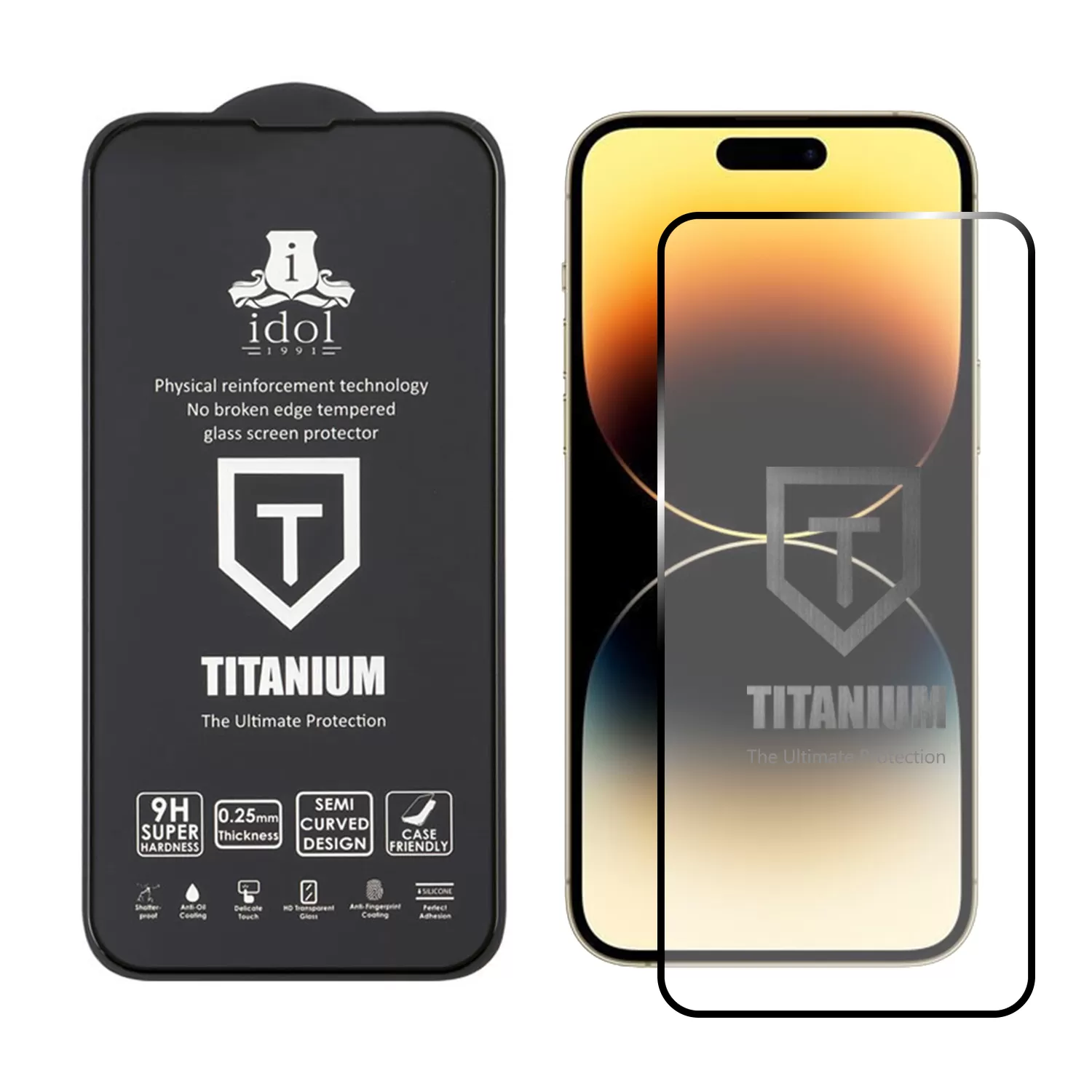 IDOL 1991 TITANIUM TEMPERED GLASS IPHONE 14 PRO MAX 6.7in 9H 0.25mm SEMI CURVED FULL GLUE BLACK - Image 2
