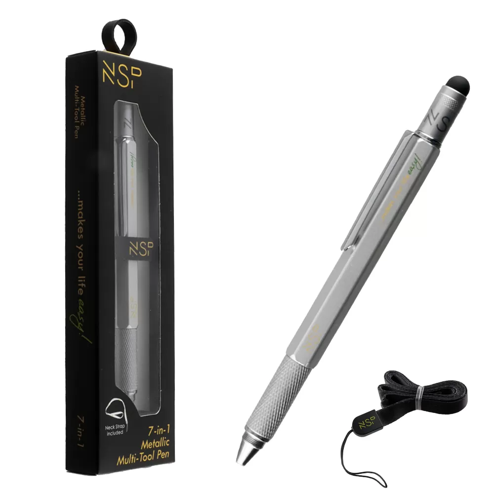 NSP ΣΤΥΛΟ 7 IN 1 METALLIC MULTI-TOOL PEN SILVER (WITH RED INK) - Image 2