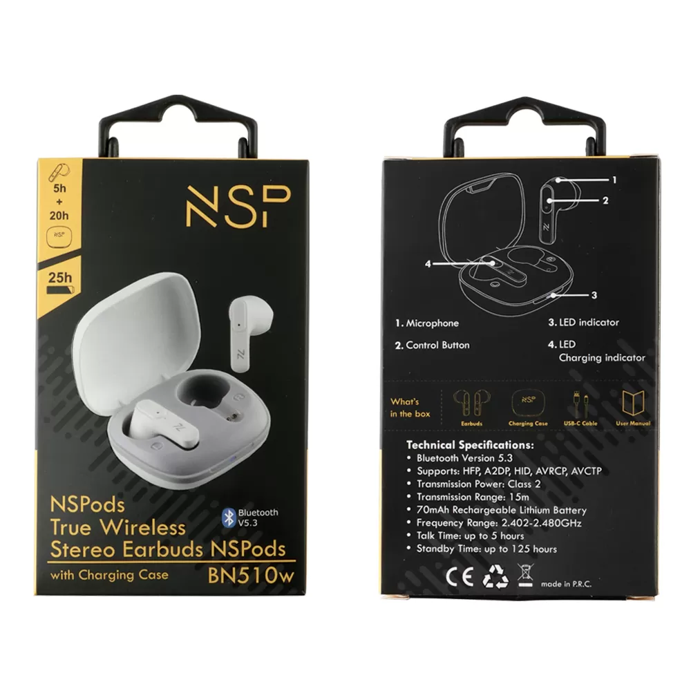 NSP BLUETOOTH STEREO BN510W NSPODS TWS HEADSET V5.3 ΜΕ ΘΗΚΗ ΦΟΡΤΙΣΗΣ - ΜΕΤΑΦΟΡΑΣ WHITE - Image 10