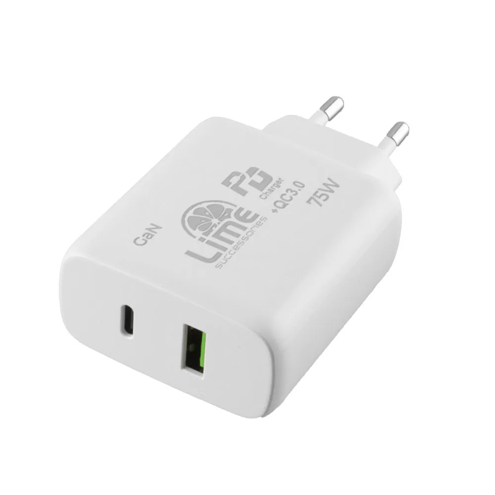 LIME USB-C GAN PD 3.0 DUAL SUPER FAST TRAVEL LTC75W 4.0A PD 54W + USB-A QC 3.0 21W TOTAL 75W WHITE - Image 2