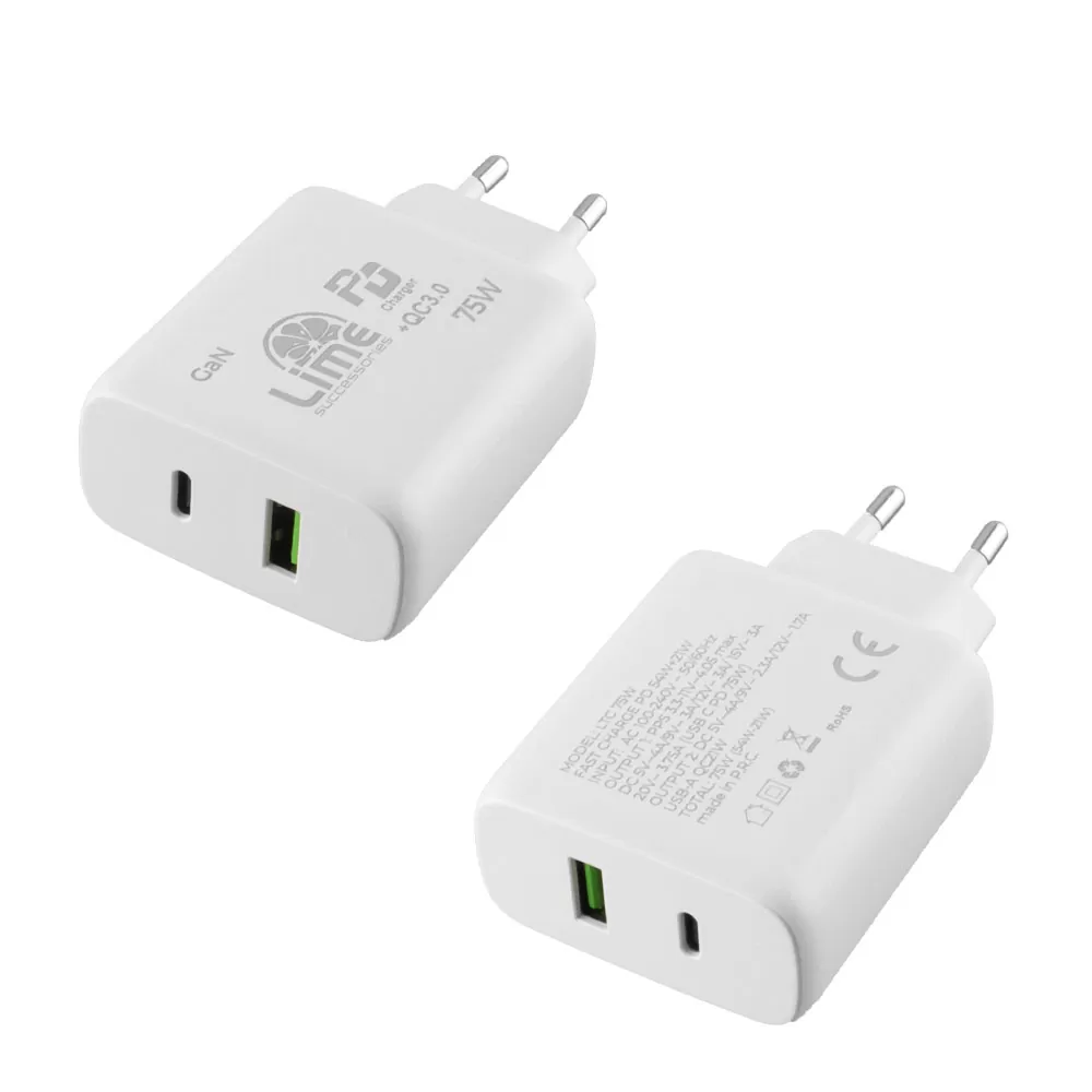 LIME USB-C GAN PD 3.0 DUAL SUPER FAST TRAVEL LTC75W 4.0A PD 54W + USB-A QC 3.0 21W TOTAL 75W WHITE - Image 4