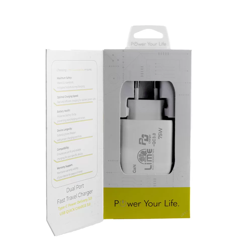 LIME USB-C GAN PD 3.0 DUAL SUPER FAST TRAVEL LTC75W 4.0A PD 54W + USB-A QC 3.0 21W TOTAL 75W WHITE - Image 5