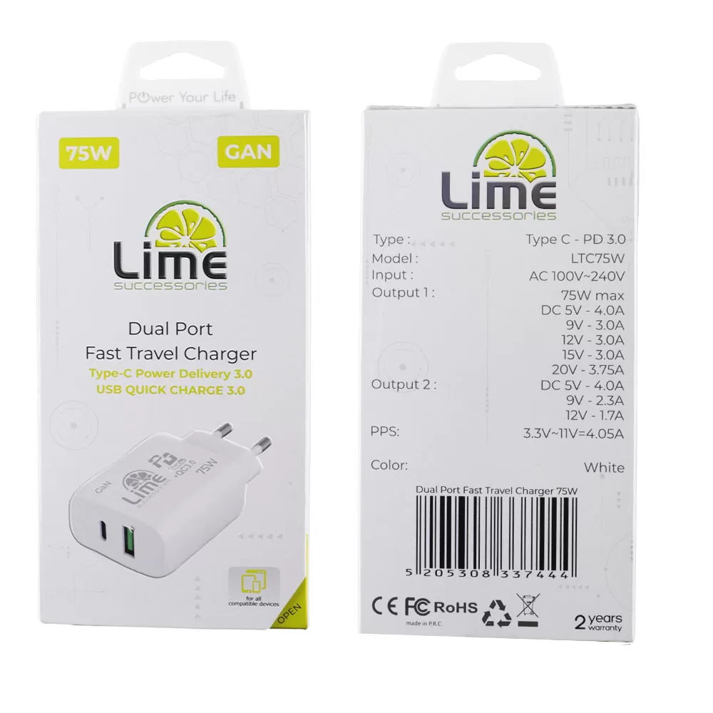 LIME USB-C GAN PD 3.0 DUAL SUPER FAST TRAVEL LTC75W 4.0A PD 54W + USB-A QC 3.0 21W TOTAL 75W WHITE - Image 7