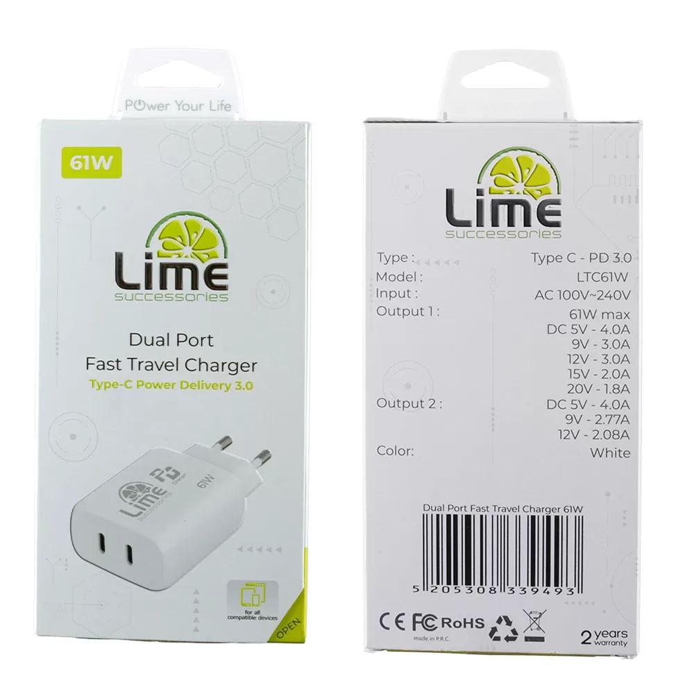 LIME USB-C PD 3.0 DUAL SUPER FAST TRAVEL LTC61W 4.0A 36W +USB-C 25W TOTAL 61W WHITE - Image 7