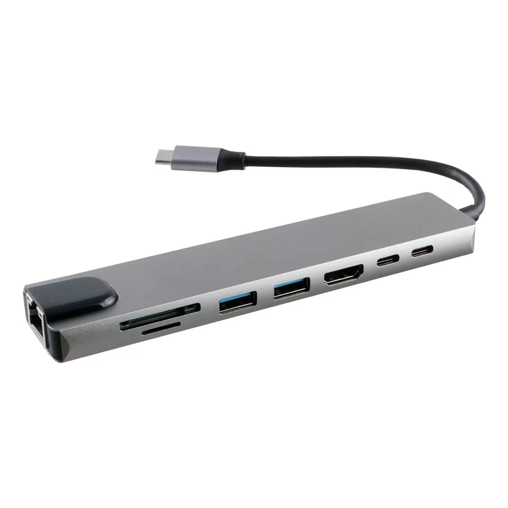 NSP N14 8 IN 1 USB-C HUB TYPE C TO HDMI 4K 30HZ/2 USB 480Mbps/PD 87W/USB C/F / SD/TF USB 2.0 /RJ45 100Mbps ALU GREY - Image 2