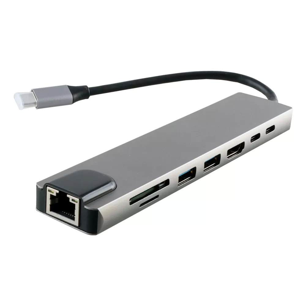 NSP N14 8 IN 1 USB-C HUB TYPE C TO HDMI 4K 30HZ/2 USB 480Mbps/PD 87W/USB C/F / SD/TF USB 2.0 /RJ45 100Mbps ALU GREY - Image 3