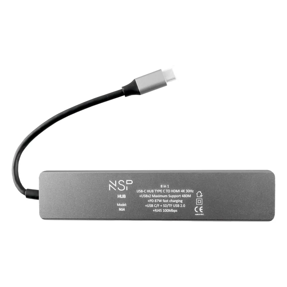 NSP N14 8 IN 1 USB-C HUB TYPE C TO HDMI 4K 30HZ/2 USB 480Mbps/PD 87W/USB C/F / SD/TF USB 2.0 /RJ45 100Mbps ALU GREY - Image 4