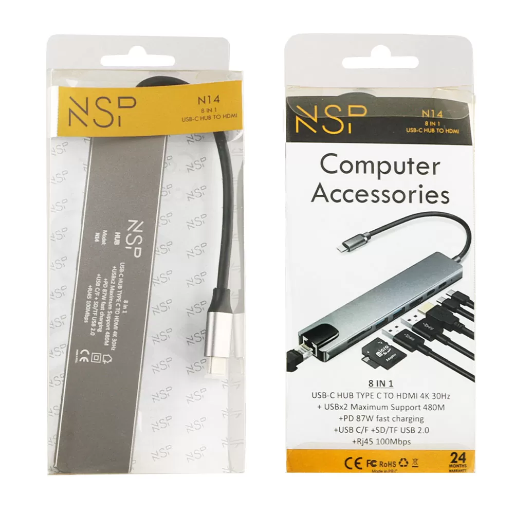 NSP N14 8 IN 1 USB-C HUB TYPE C TO HDMI 4K 30HZ/2 USB 480Mbps/PD 87W/USB C/F / SD/TF USB 2.0 /RJ45 100Mbps ALU GREY - Image 5