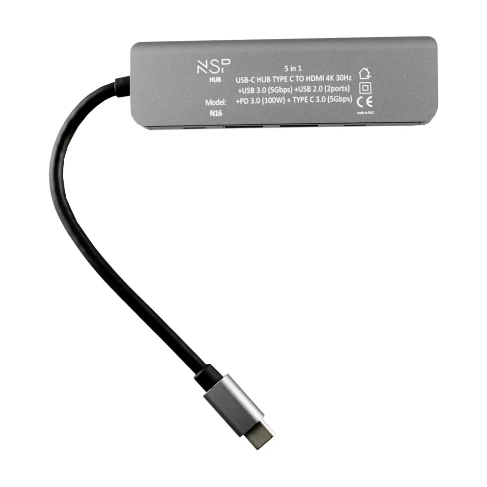 NSP N16 5 IN 1 USB-C HUB TYPE C TO HDMI 4K 30HZ/USB 3.0 5Gbps/2 USB 2.0/PD 3.0 100W/ TYPE C 3 5Gbps ALU GREY - Image 4
