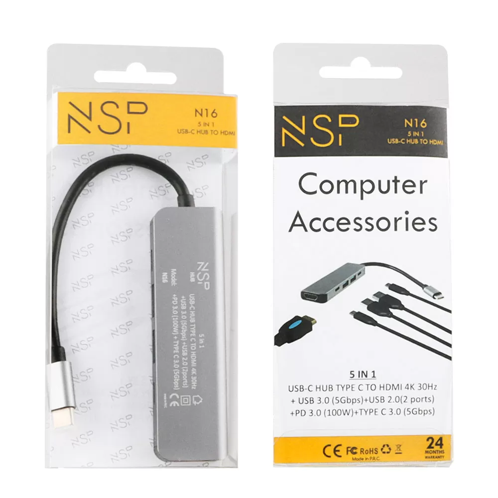 NSP N16 5 IN 1 USB-C HUB TYPE C TO HDMI 4K 30HZ/USB 3.0 5Gbps/2 USB 2.0/PD 3.0 100W/ TYPE C 3 5Gbps ALU GREY - Image 5