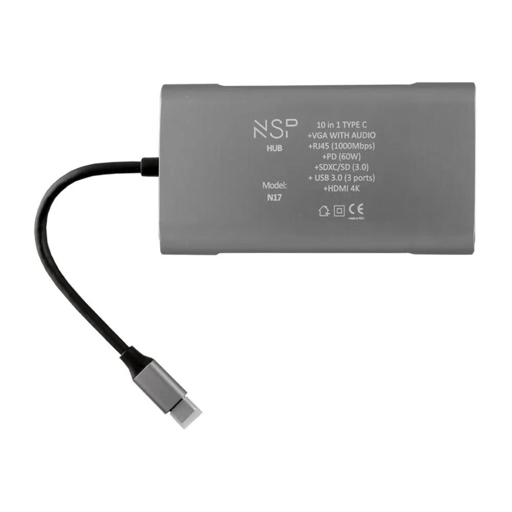 NSP N17 10 IN 1 USB-C HUB TYPE C TO VGA WITH AUDIO/RJ45 1000Mbps/PD 60W/SDXC/SD 3.0/USB 3.0 X3/ HDMI 4K ALU GREY - Image 4