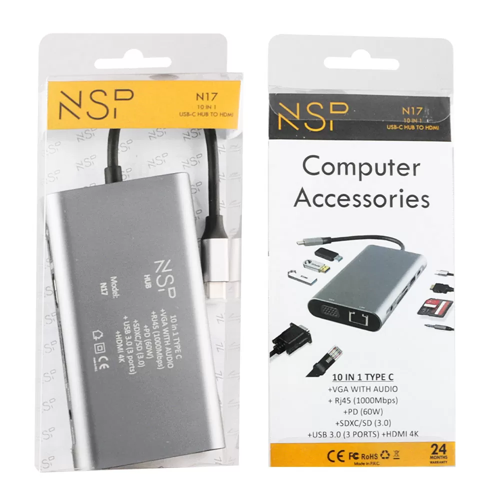 NSP N17 10 IN 1 USB-C HUB TYPE C TO VGA WITH AUDIO/RJ45 1000Mbps/PD 60W/SDXC/SD 3.0/USB 3.0 X3/ HDMI 4K ALU GREY - Image 5
