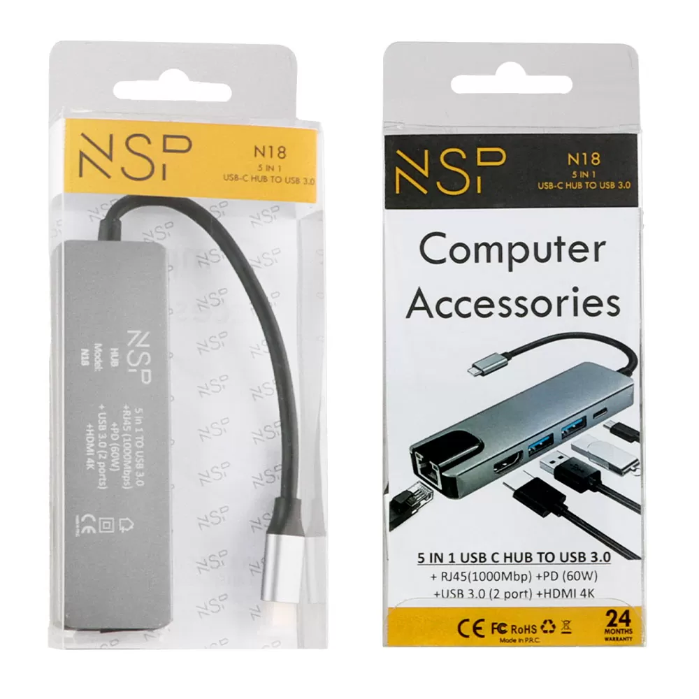 NSP N18 5 IN 1 USB-C HUB TYPE C TO USB 3.0/RJ45 1000Mbps/PD 60W/USB 3.0 X2/ HDMI 4K ALU GREY - Image 5
