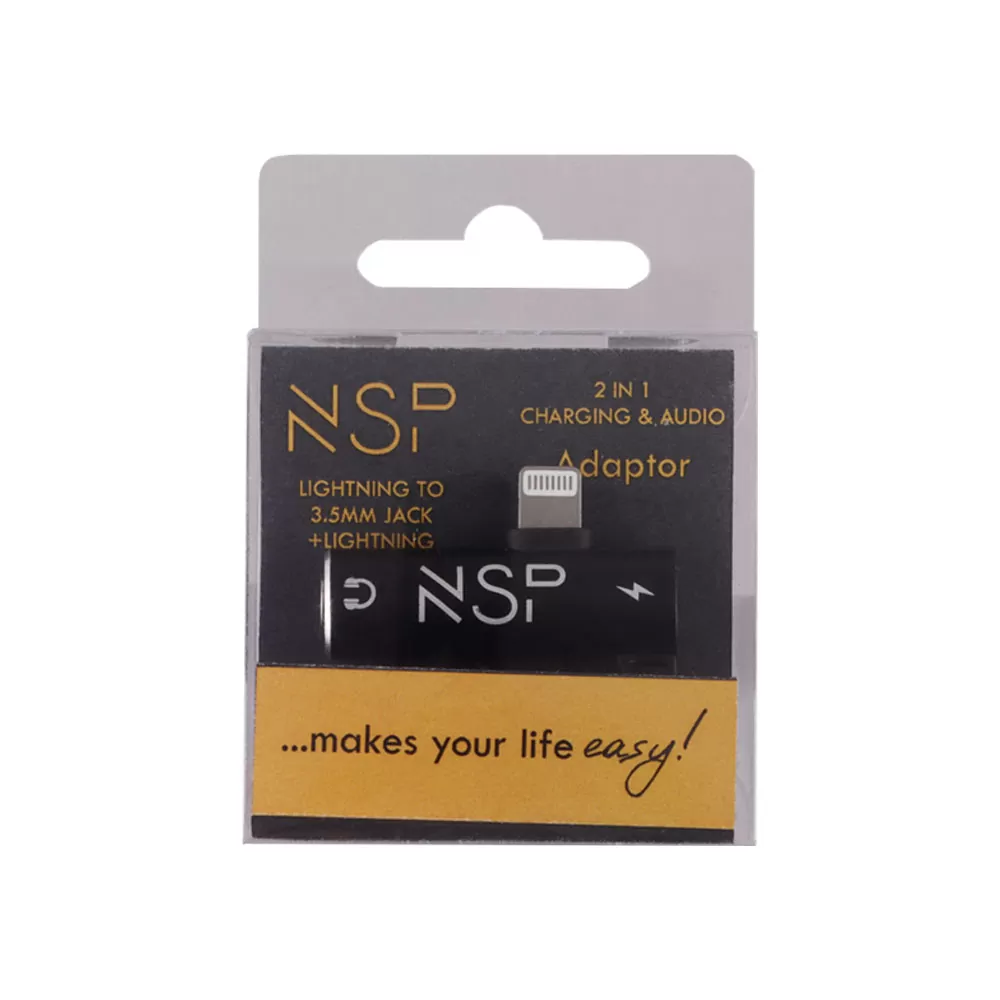 NSP ADAPTOR 2 IN 1 CHARGING AND AUDIO ADAPTER LIGHTNING TO 3.5MM JACK+LIGHTNING BLACK - Image 4