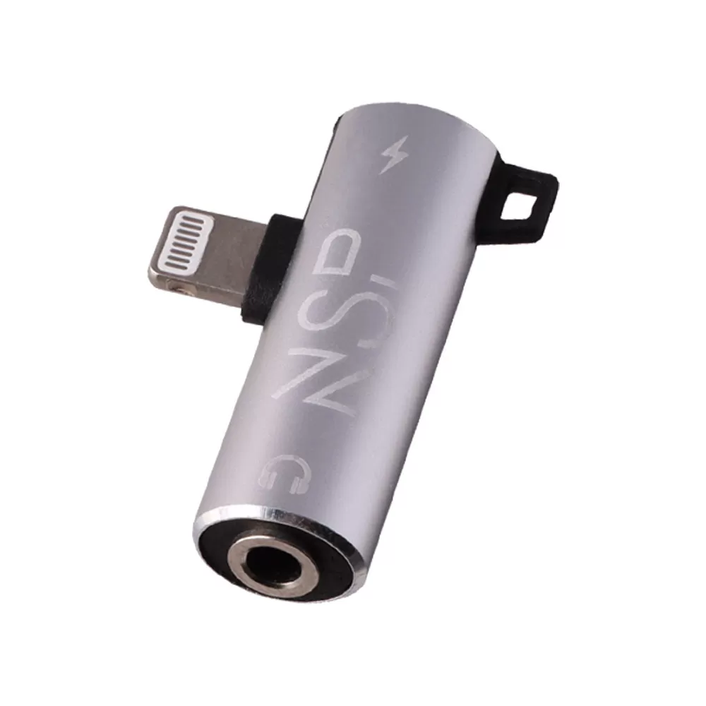 NSP ADAPTOR 2 IN 1 CHARGING AND AUDIO ADAPTER LIGHTNING TO 3.5MM JACK+LIGHTNING SILVER - Image 2
