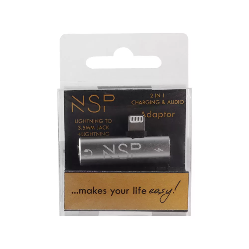 NSP ADAPTOR 2 IN 1 CHARGING AND AUDIO ADAPTER LIGHTNING TO 3.5MM JACK+LIGHTNING SILVER - Image 4