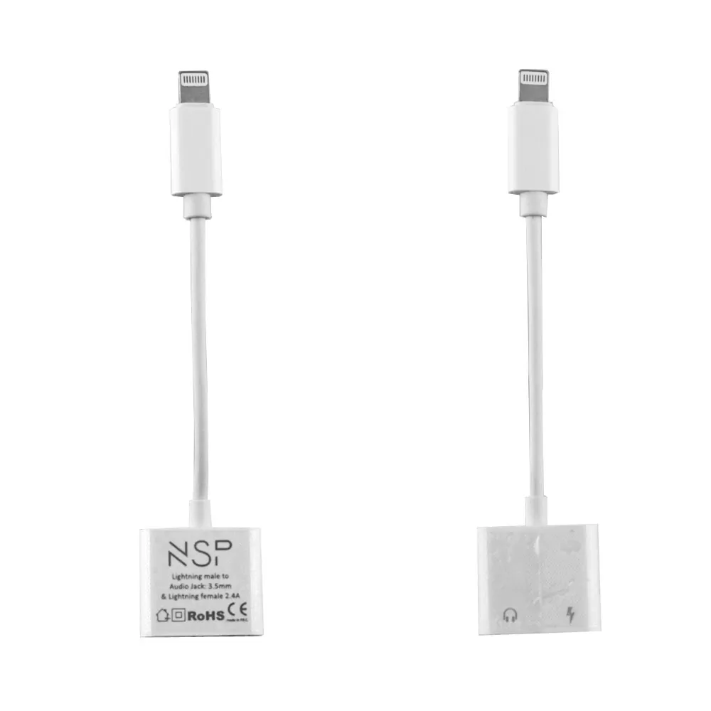 NSP ADAPTOR CABLE 2 IN 1 CHARGING AND AUDIO ADAPTER LIGHTNING TO 3.5MM JACK+LIGHTNING 2.4A WHITE - Image 2