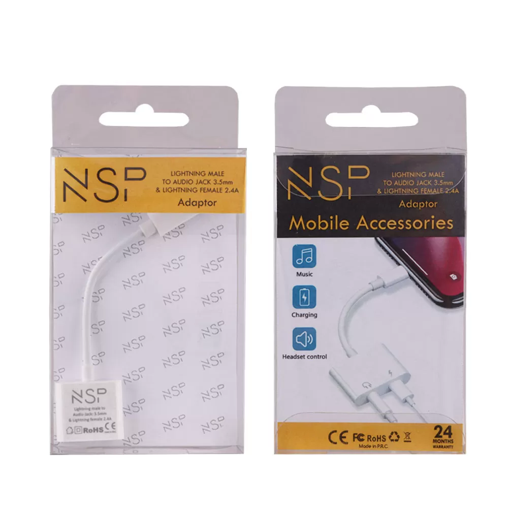 NSP ADAPTOR CABLE 2 IN 1 CHARGING AND AUDIO ADAPTER LIGHTNING TO 3.5MM JACK+LIGHTNING 2.4A WHITE - Image 3