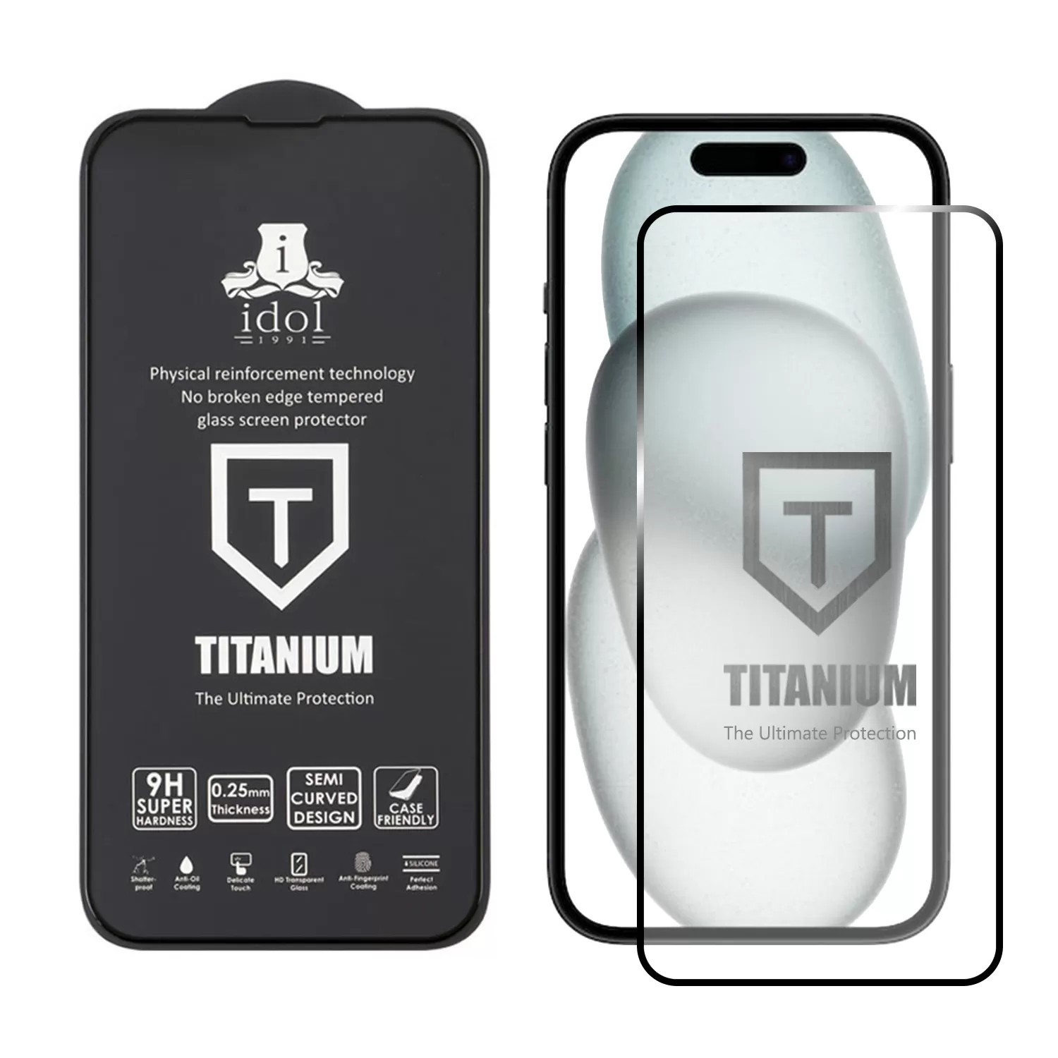 IDOL 1991 TITANIUM TEMPERED GLASS IPHONE 15 6.1in 9H 0.25mm SEMI CURVED FULL GLUE BLACK - Image 2