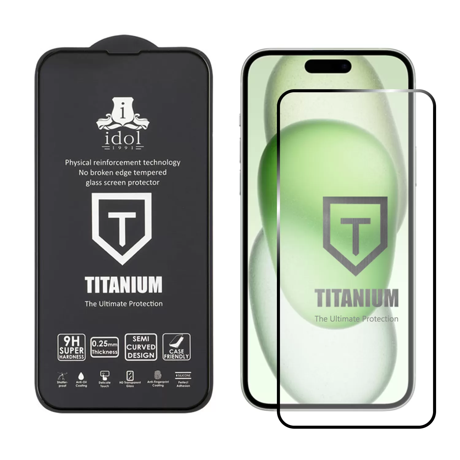 IDOL 1991 TITANIUM TEMPERED GLASS IPHONE 15 PLUS 6.7in 9H 0.25mm SEMI CURVED FULL GLUE BLACK - Image 2