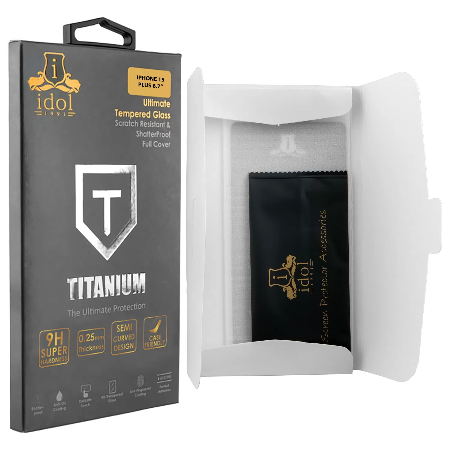 IDOL 1991 TITANIUM TEMPERED GLASS IPHONE 15 PLUS 6.7in 9H 0.25mm SEMI CURVED FULL GLUE BLACK - Image 3