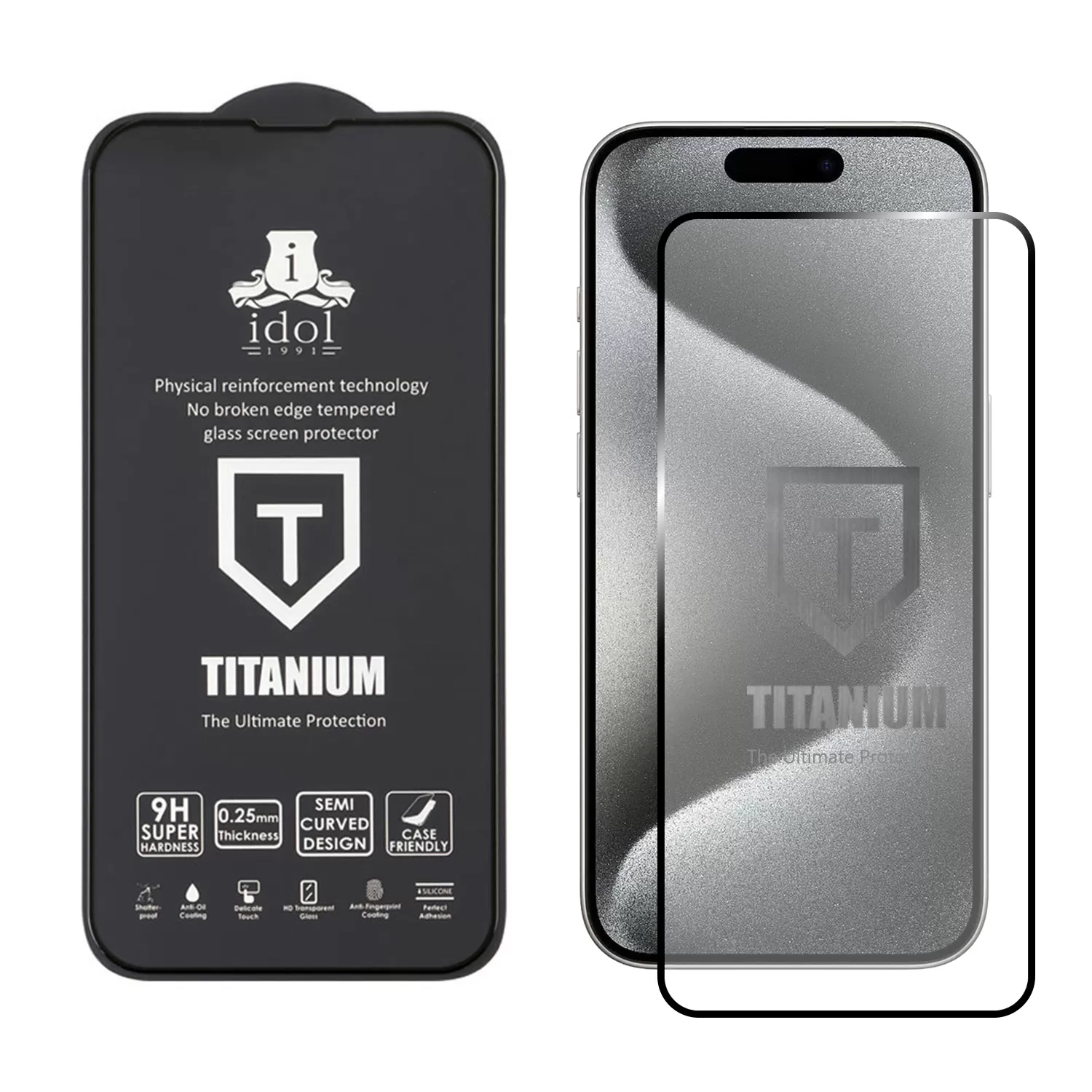 IDOL 1991 TITANIUM TEMPERED GLASS IPHONE 15 PRO 6.1in 9H 0.25mm SEMI CURVED FULL GLUE BLACK - Image 2