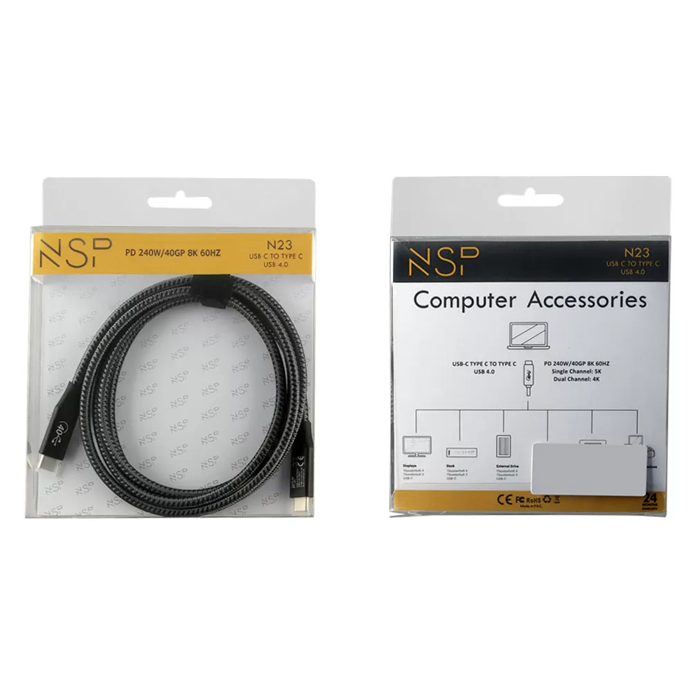 NSP N23 USB-C TYPE C TO TYPE C USB 4.0 PD 240W/40GP/8K 60HZ/ 5K DUAL CHANNEL 4K 1.5m BLACK - Image 4