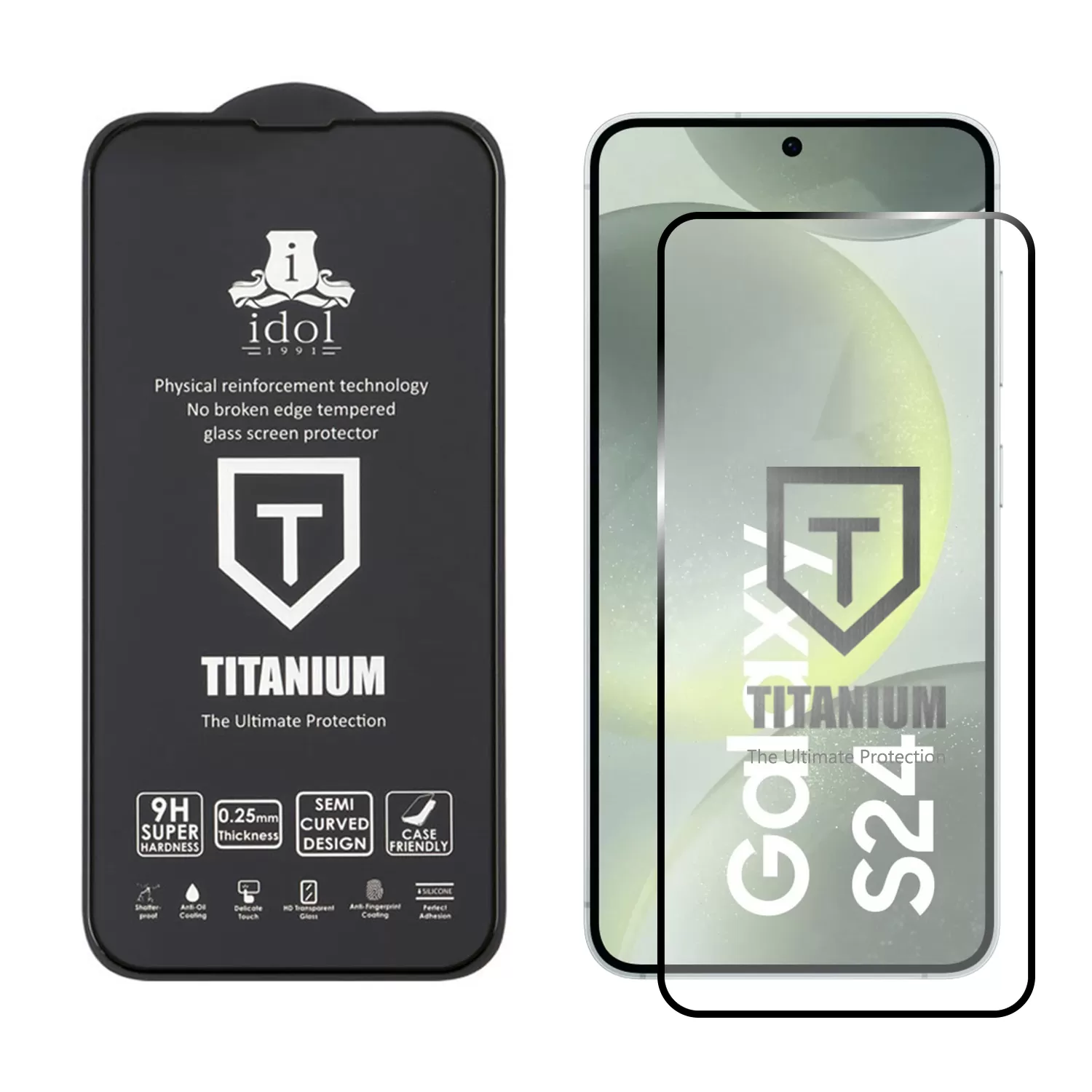 IDOL 1991 TITANIUM TEMPERED GLASS SAMSUNG S24 5G 6.2in 9H 0.2mm SEMI CURVED FINGER UNLOCK FULL GLUE ULTRA THIN BLACK - Image 2