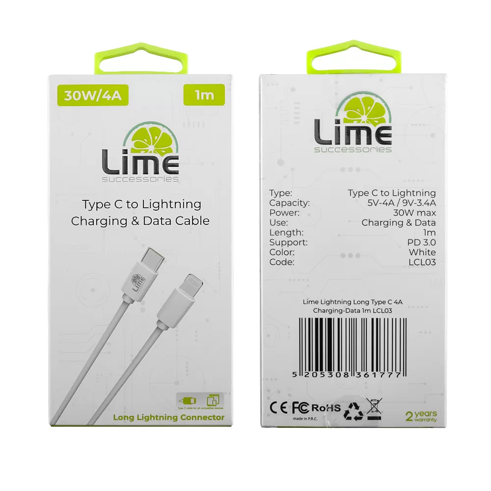 LIME LIGHTNING LONG TO USB-C TYPE C 4.0A ΦΟΡΤΙΣΗΣ-DATA 1m LCL03 30W WHITE - Image 5