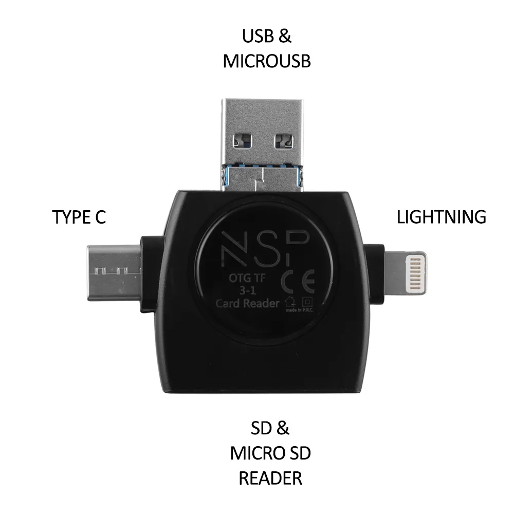 NSP N35 3 IN 1 SD CARD READER USB-A/MICRO USB/TYPE C & LIGHTNING BLACK - Image 2