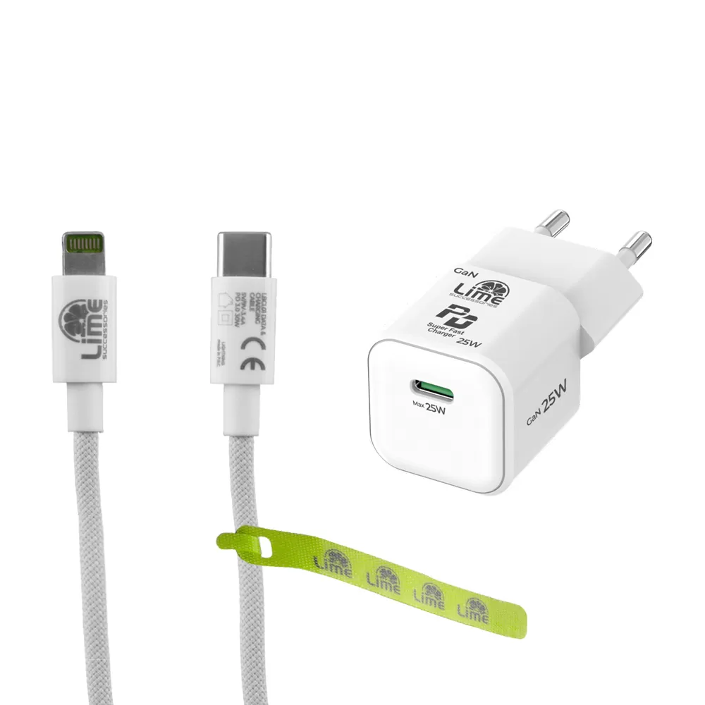 LIME USB-C MINI GAN PD 3.0 SUPER FAST TRAVEL LGC25W 5V 4.0A/ 9V 2.77A 25W+ BRAIDED ΦΟΡΤΙΣΗΣ-DATA LBCL01 USB-C TO LIGHTNING 30 - Image 4