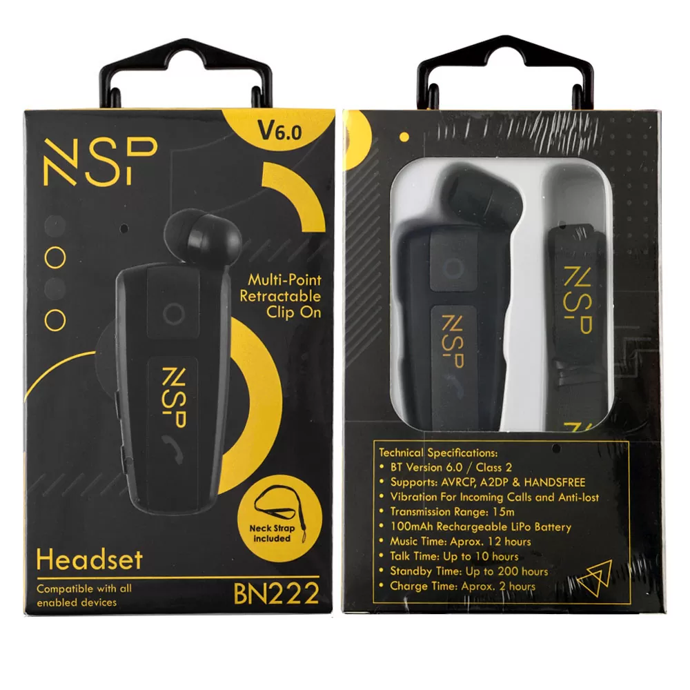NSP BLUETOOTH BN222 ΠΕΤΟΥ RETRACTABLE CLIP ON HEADSET V6.0 (2 ΣΥΣΚΕΥΩΝ) VIBRATION + ANTI-LOST + STRAP BLACK - Image 12