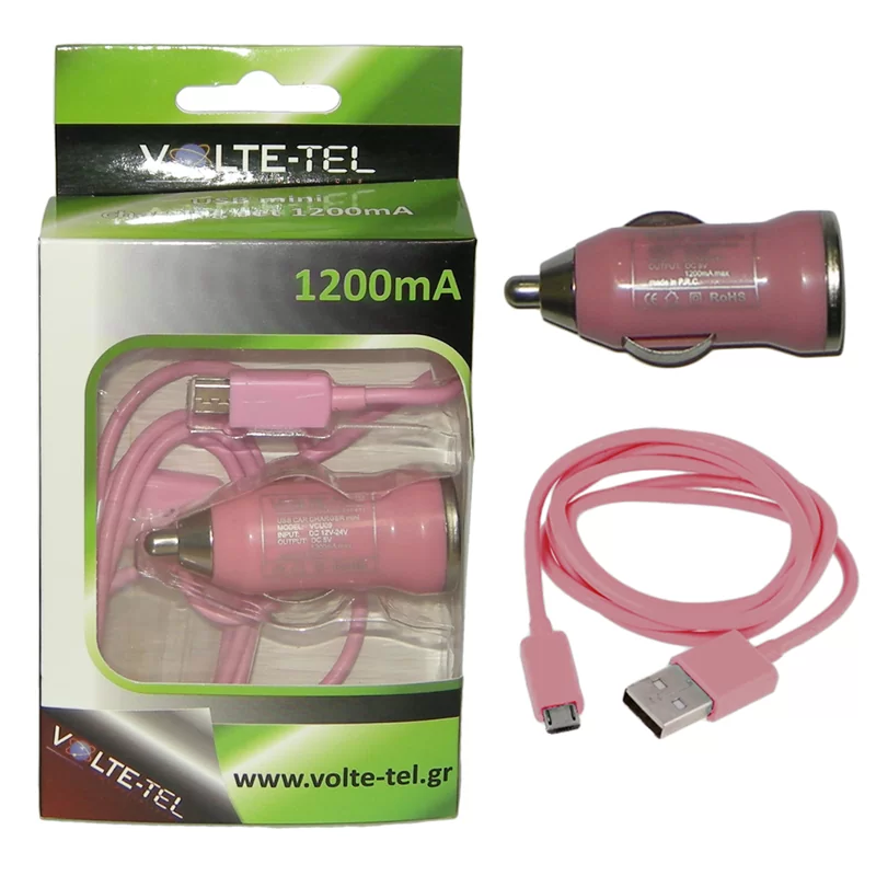VOLTE-TEL MICRO USB(ΦΟΡΤΙΣΗΣ-DATA VCD01+ΦΟΡΤΙΣΤΗΣ ΑΥΤΟΚΙΝΗΤΟΥ VCU09 1200mA 6W) PINK - Image 2