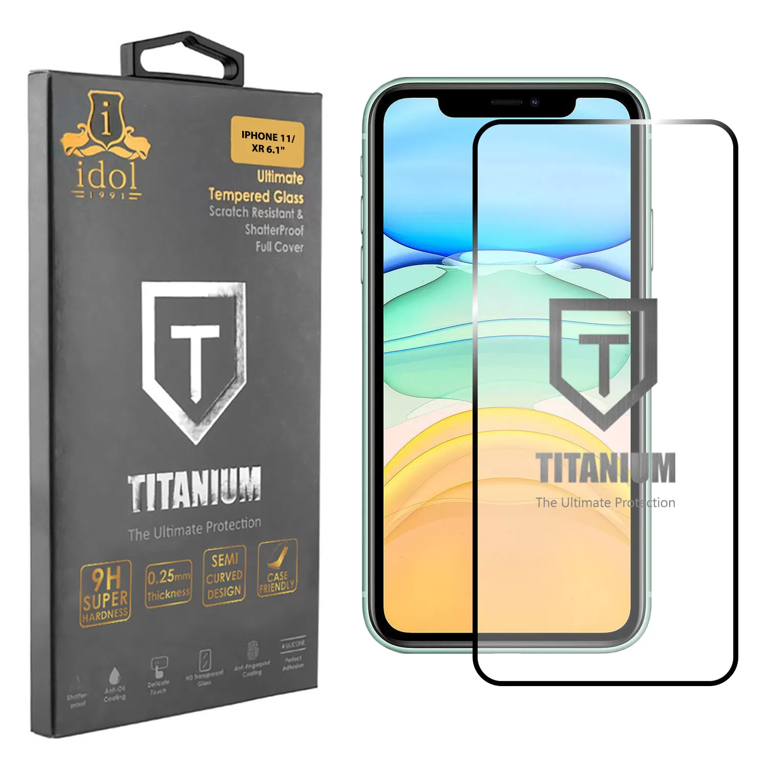 IDOL 1991 TITANIUM TEMPERED GLASS IPHONE 11/XR 6.1in 9H 0.25mm  SEMI CURVED FULL GLUE BLACK