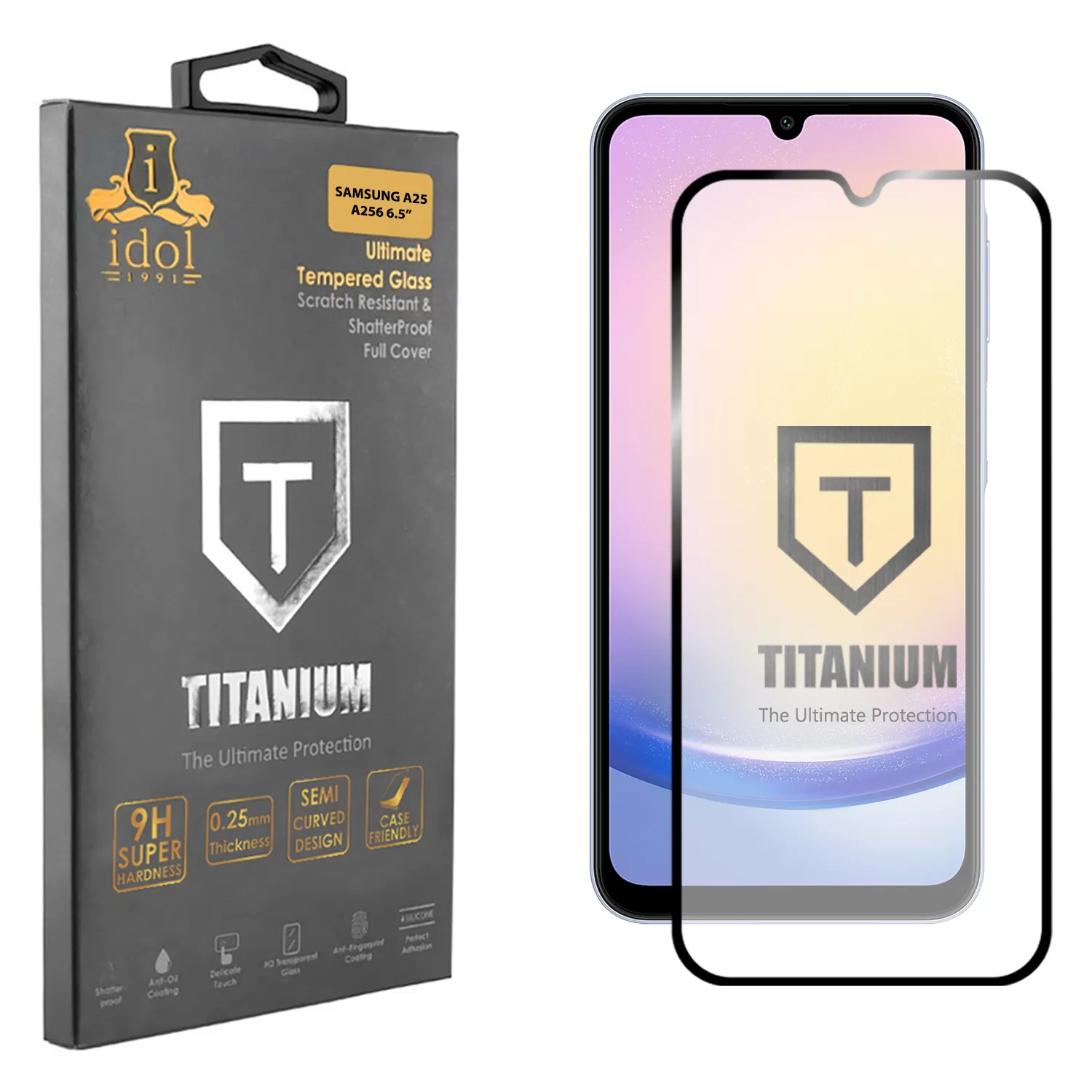 IDOL 1991 TITANIUM TEMPERED GLASS SAMSUNG A25 A256 6.5in 9H 0.25mm SEMI CURVED FULL GLUE BLACK