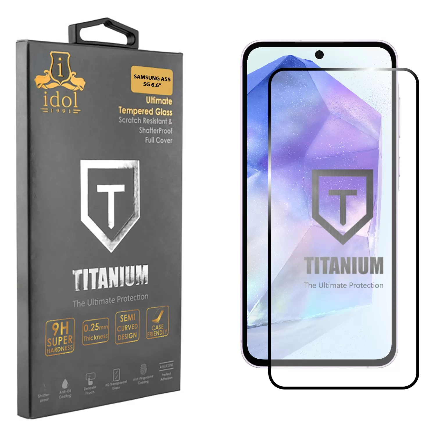 IDOL 1991 TITANIUM TEMPERED GLASS SAMSUNG A55 5G 6.6in 9H 0.25mm SEMI CURVED FULL GLUE BLACK